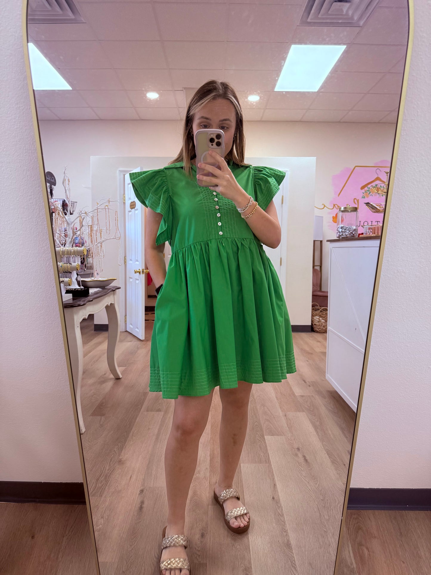 Entro Solid spread collar split flutter sleeve pullover mini dress featuring exposed stitch detail