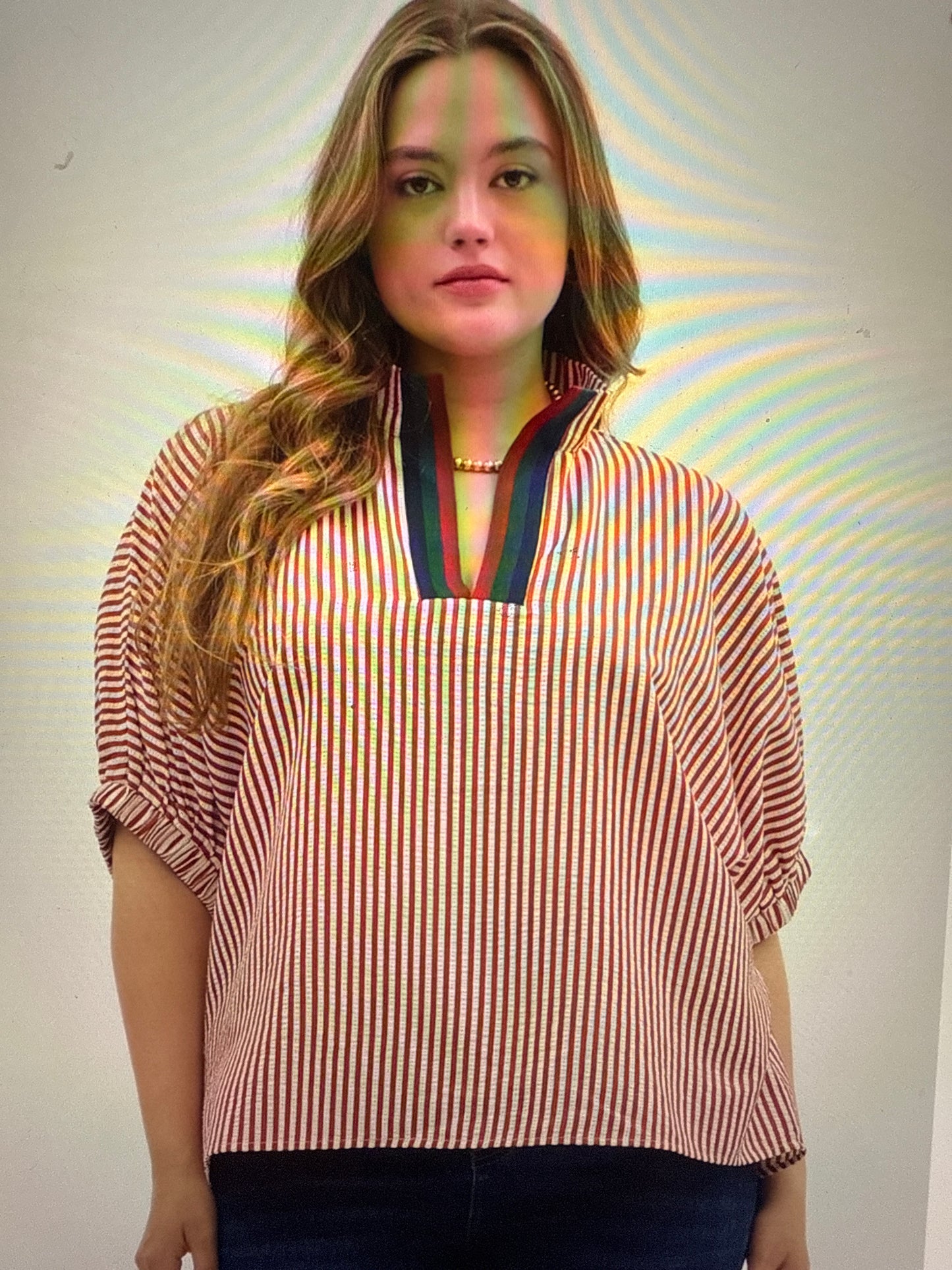 Entro Stripe High Neck Dolman Sleeve Top PLUS