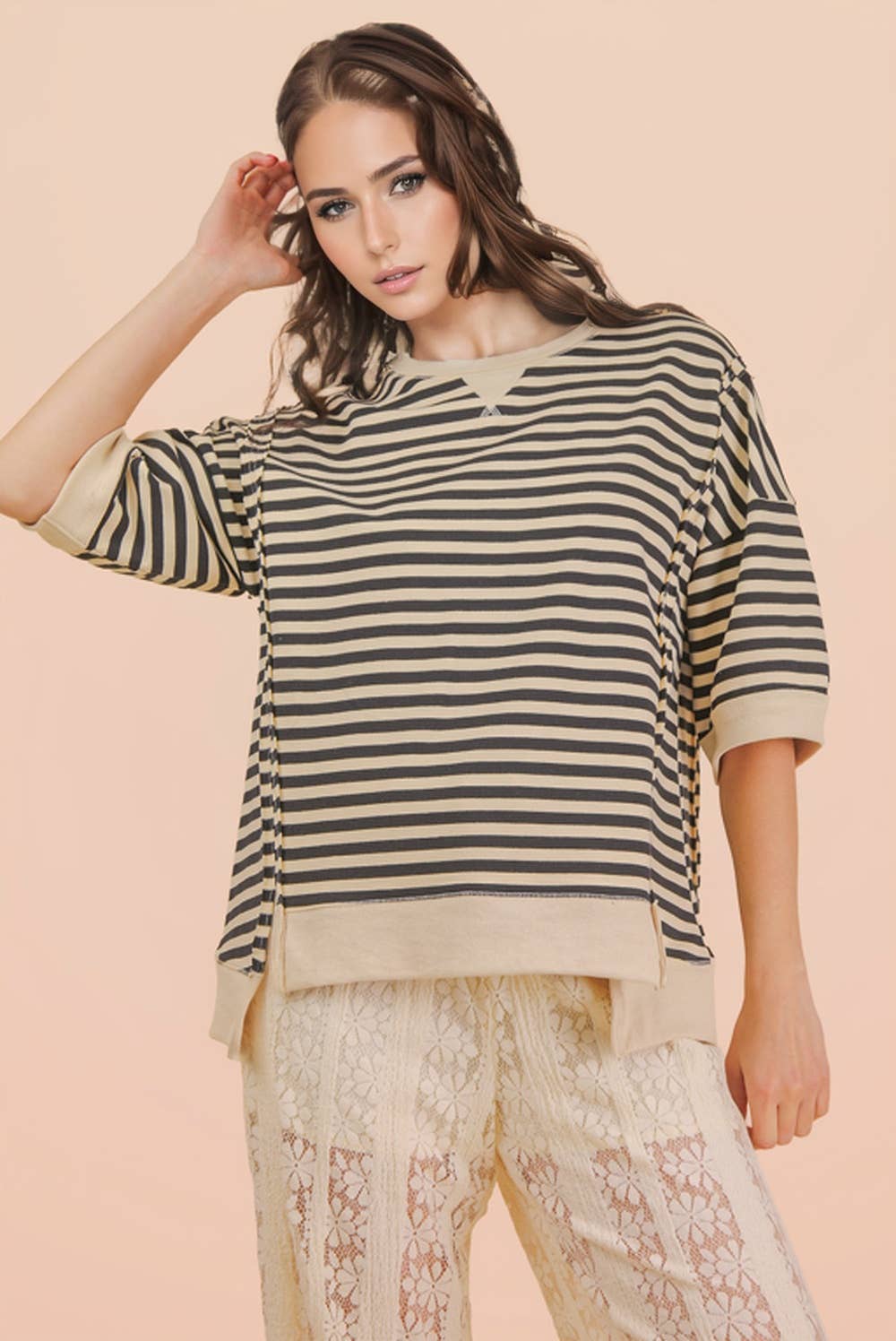 NT12481-Oversized Stripe Casual Knit Top: SEAFOAM/PINK / S-M-L/2-2-2