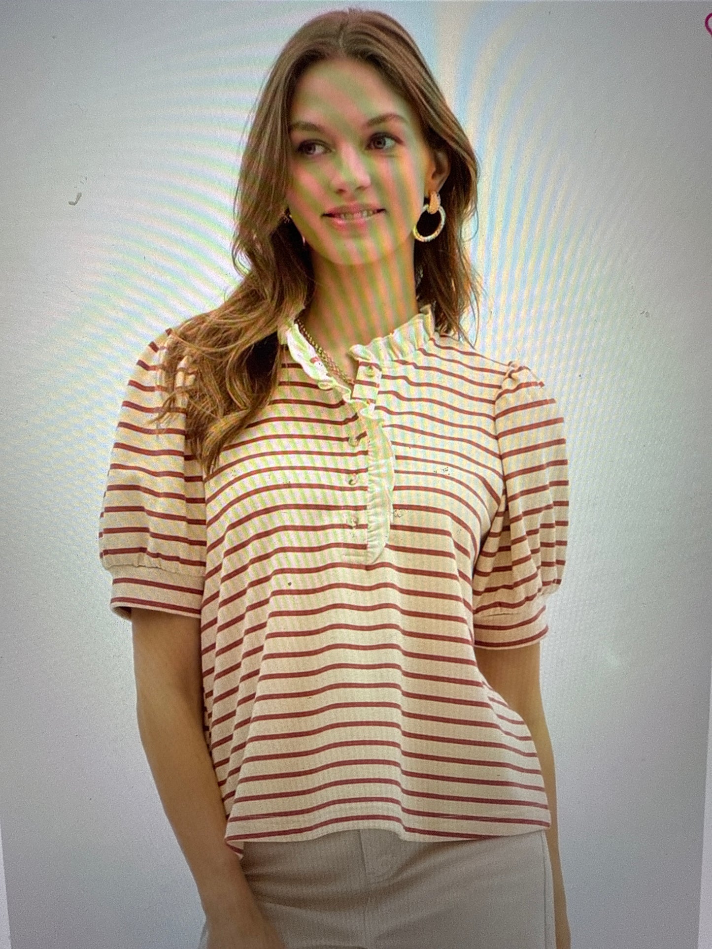 Entro Striped Ruffle Collar Neck Top