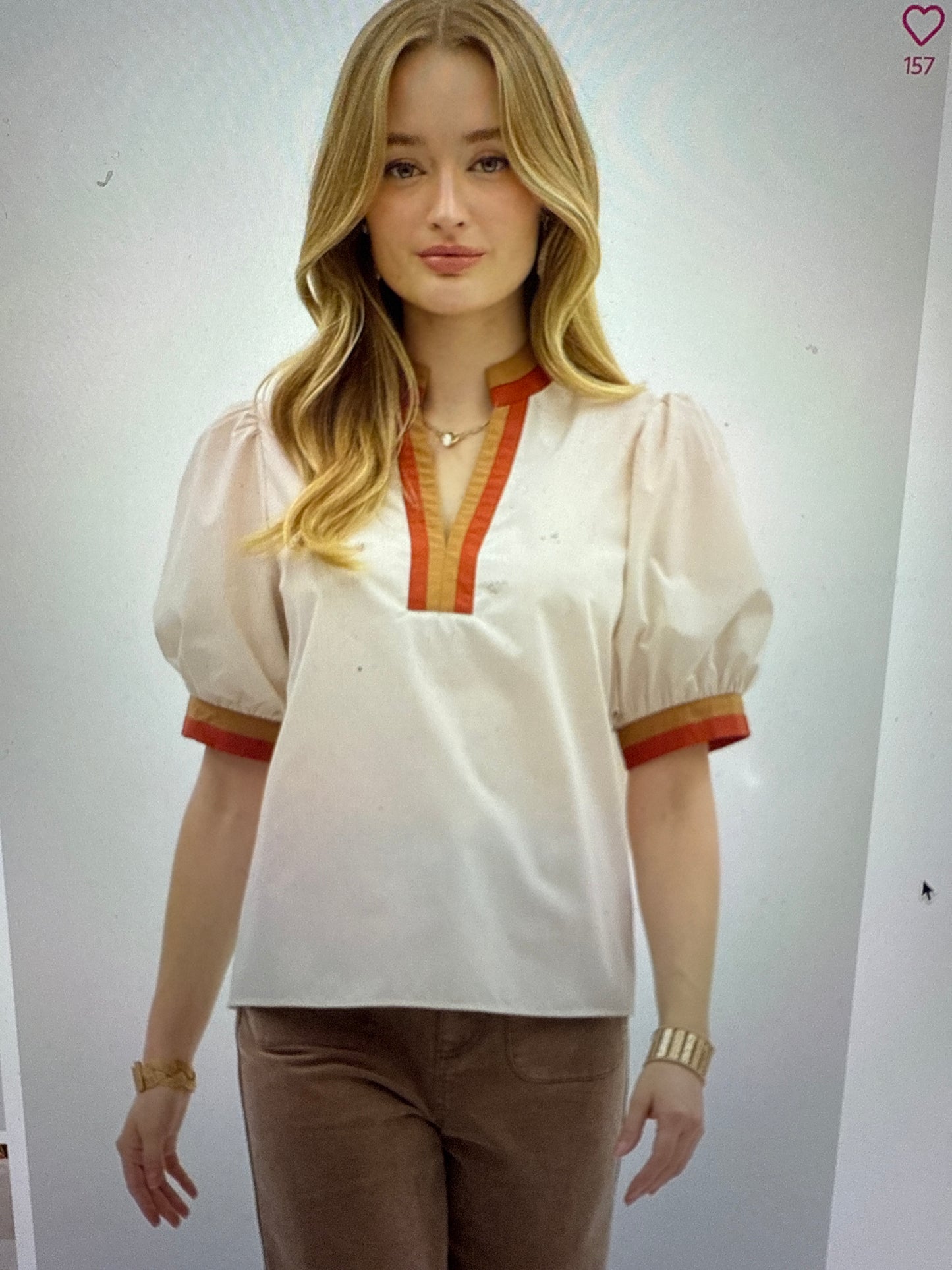Entro Solid Bubble Sleeve Multicolor Trim Top