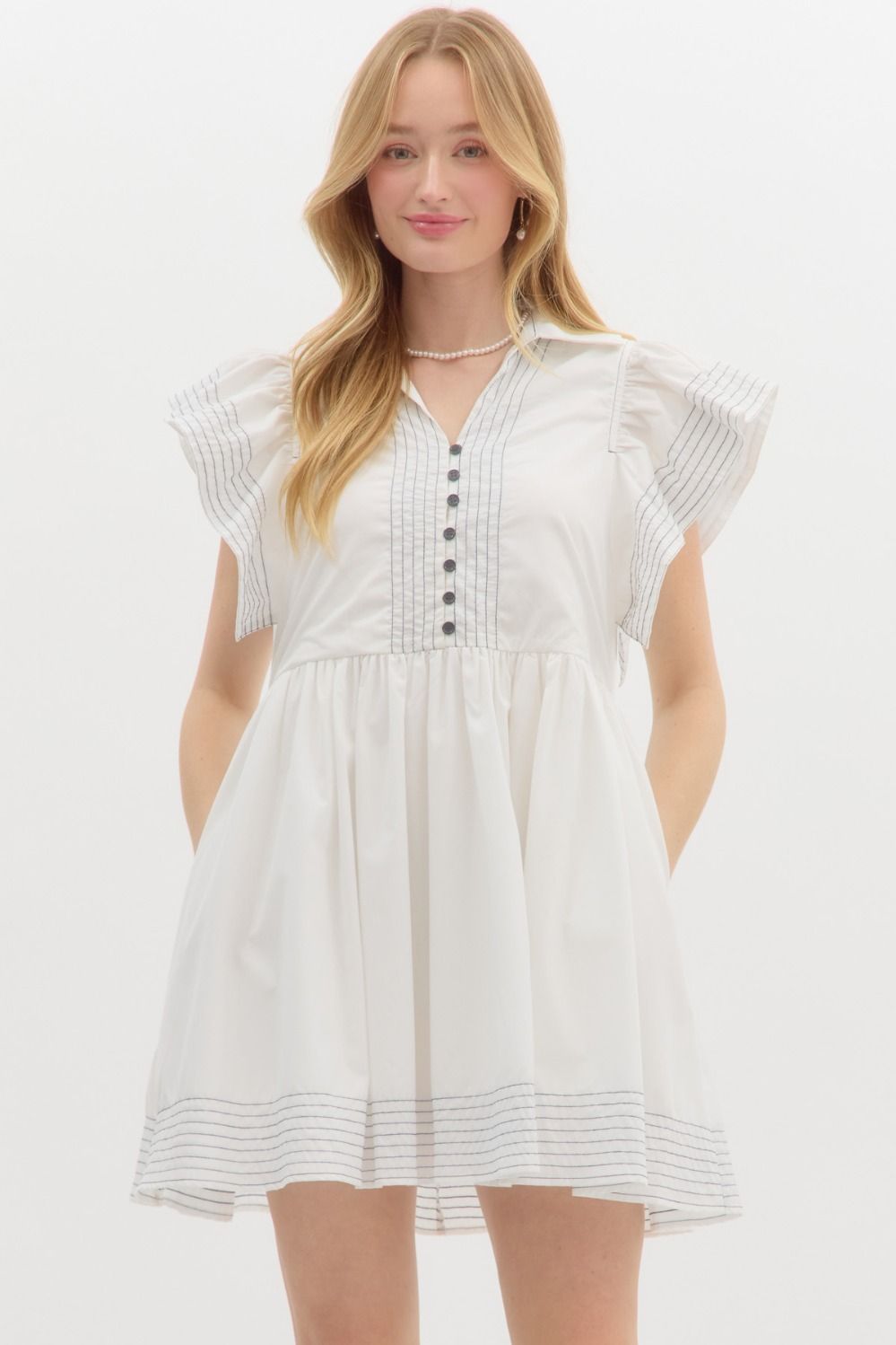 Entro Solid spread collar split flutter sleeve pullover mini dress featuring exposed stitch detail