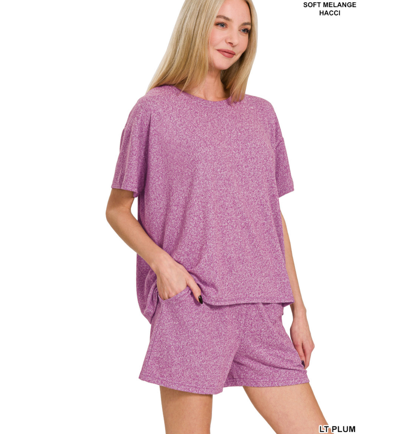 Zenana Soft Melange Short Sleeve Shorts Set