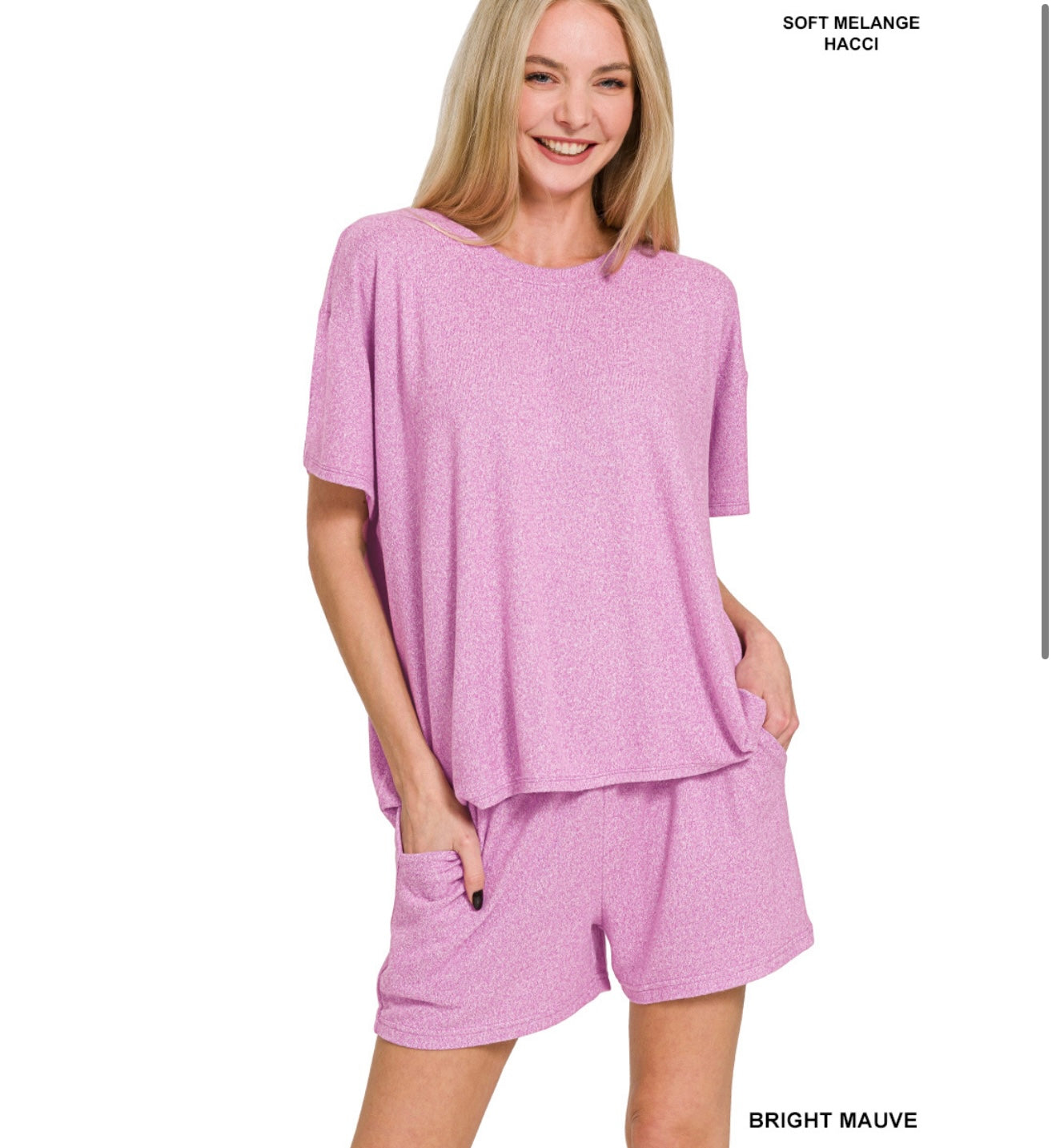 Zenana Soft Melange Short Sleeve Shorts Set