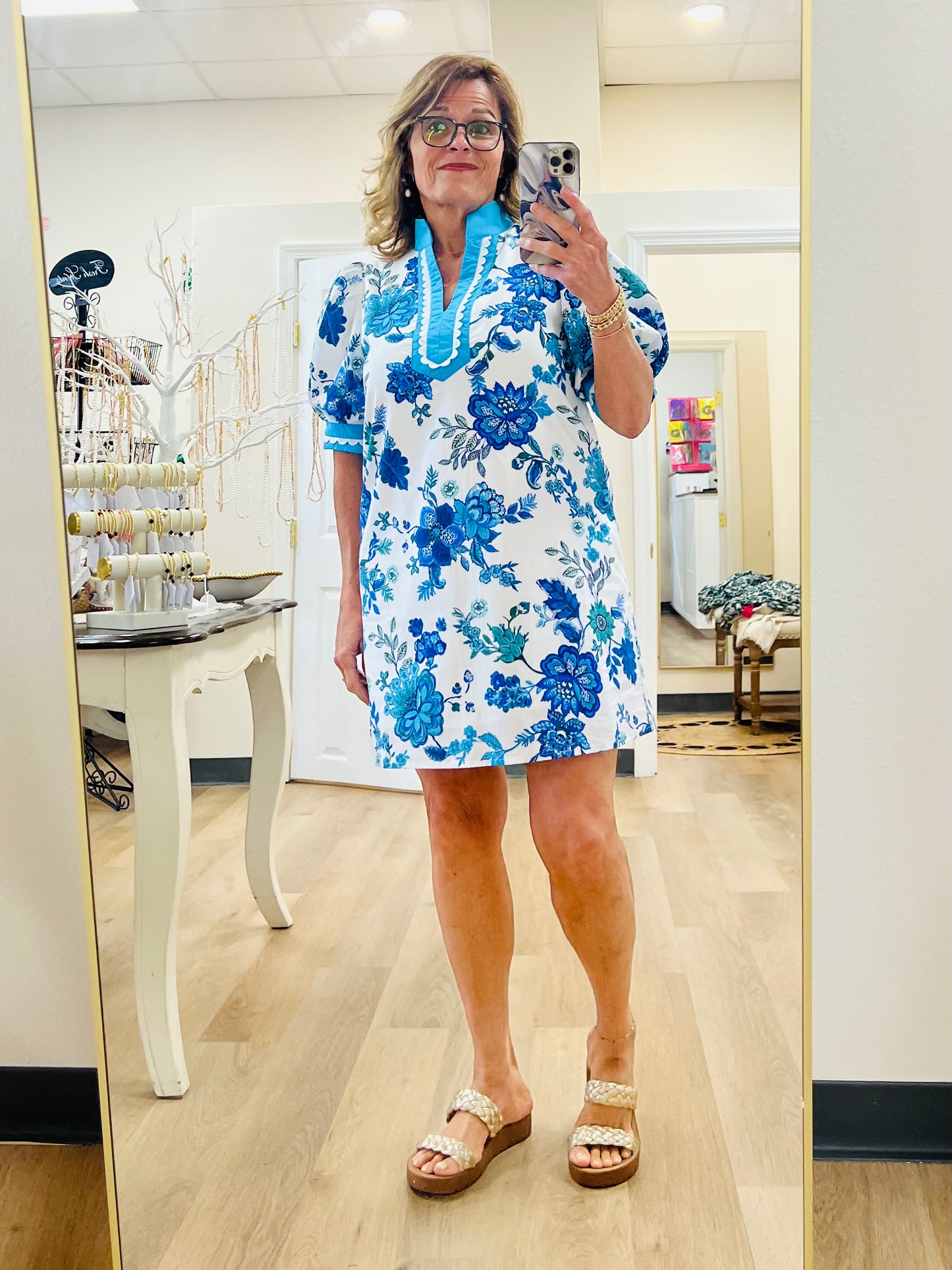 Entro Floral Trimmed Puff Sleeve Dress