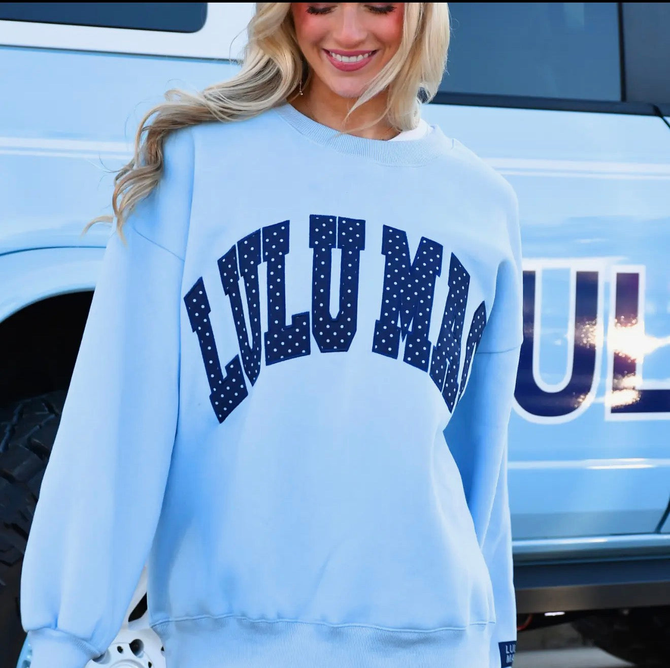 LuLu Mac Polka Dot Sweatshirt- Baby Blue/ Navy