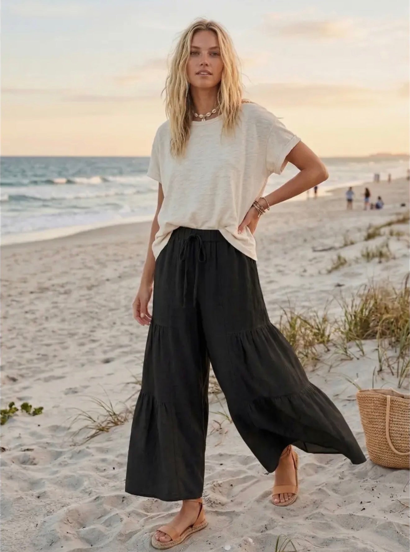 S+S Linen Blend Tiered Wide Leg Pants