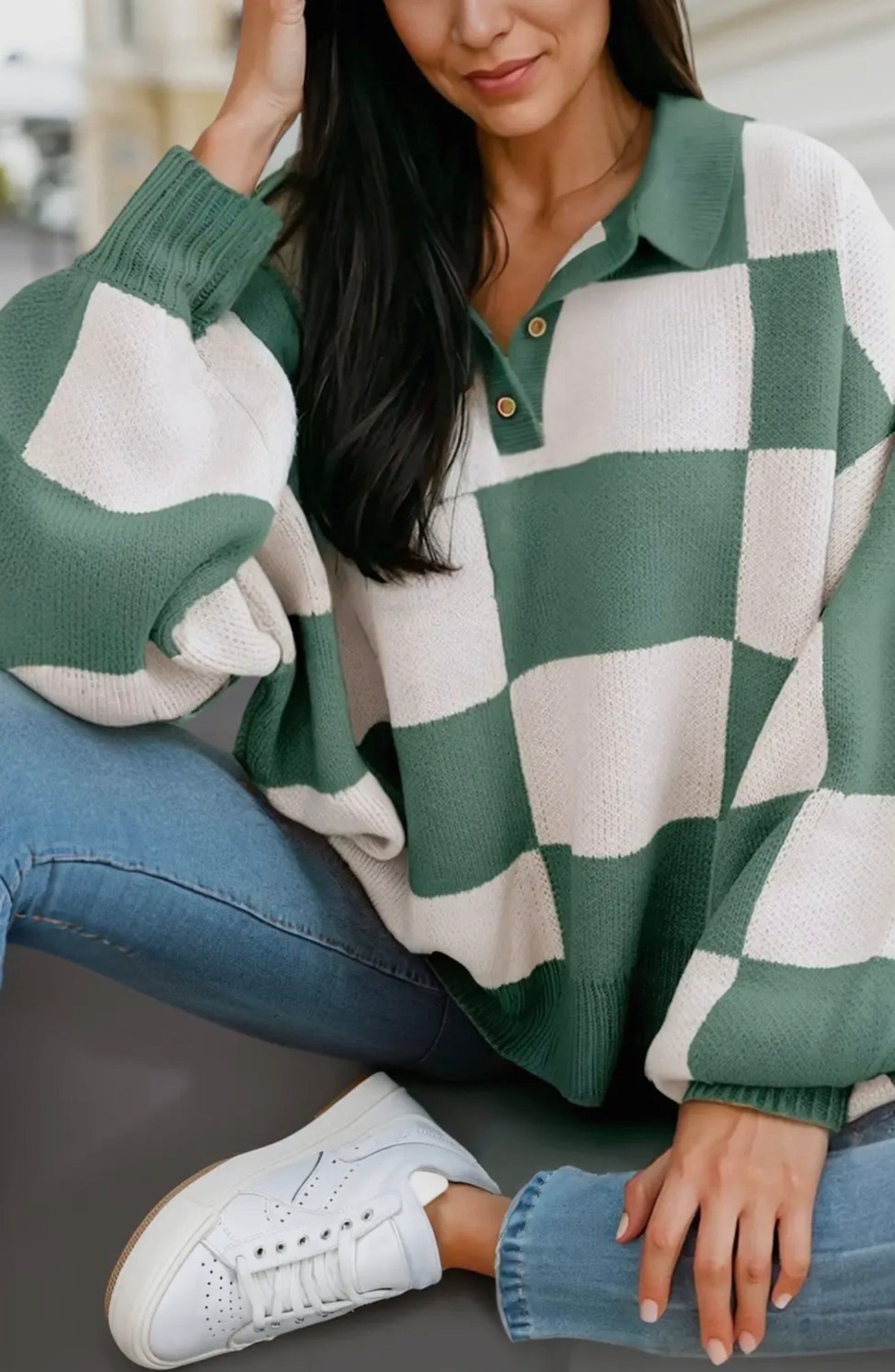 Checkered Button Long Sleeve Sweater
