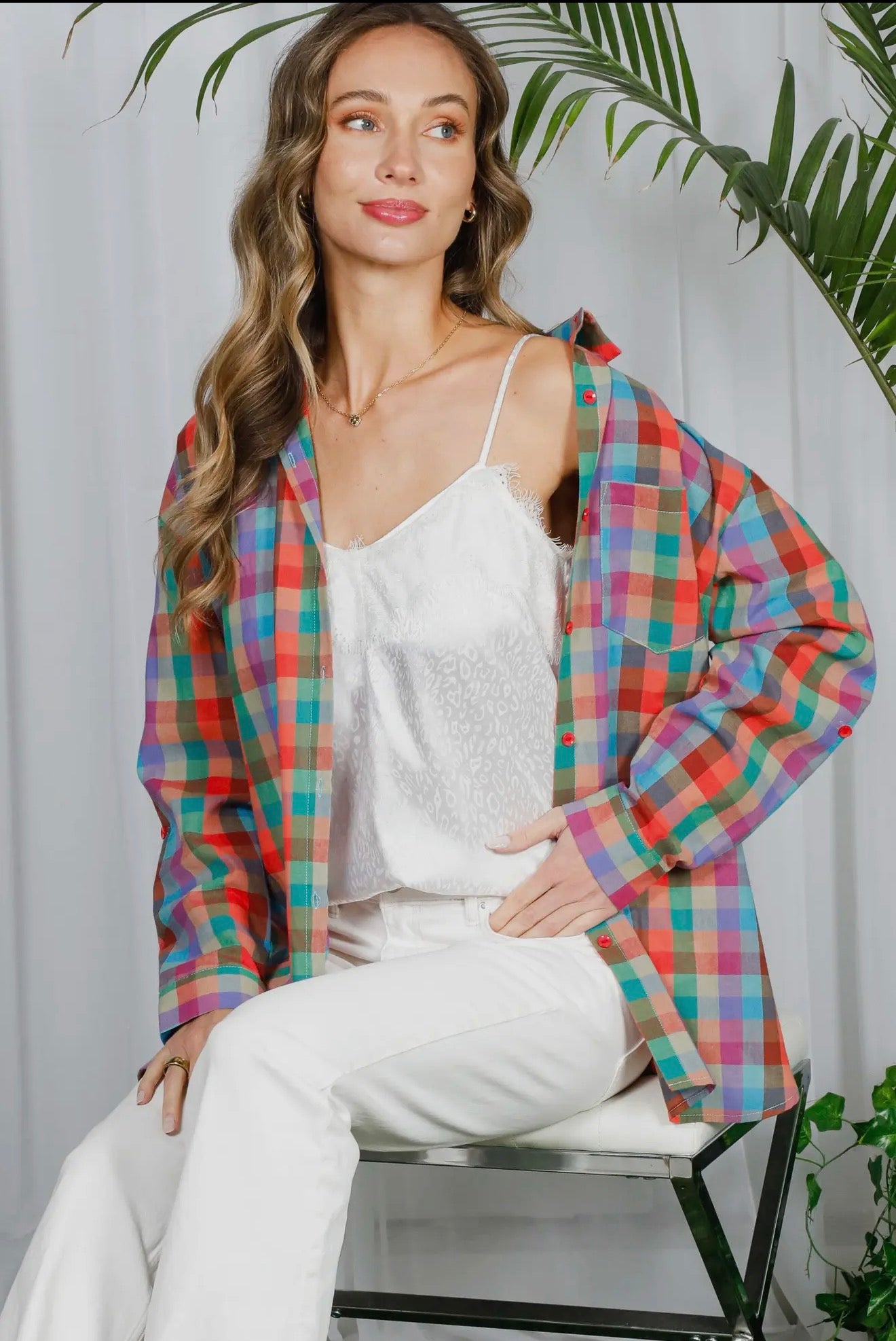 Vine & Love Collared Plaid Roll Up Oversized Shirt