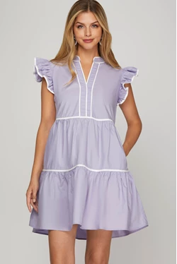 S+S Ruffle Sleeve Tiered Woven Dress with Contrast Piping and Pockets