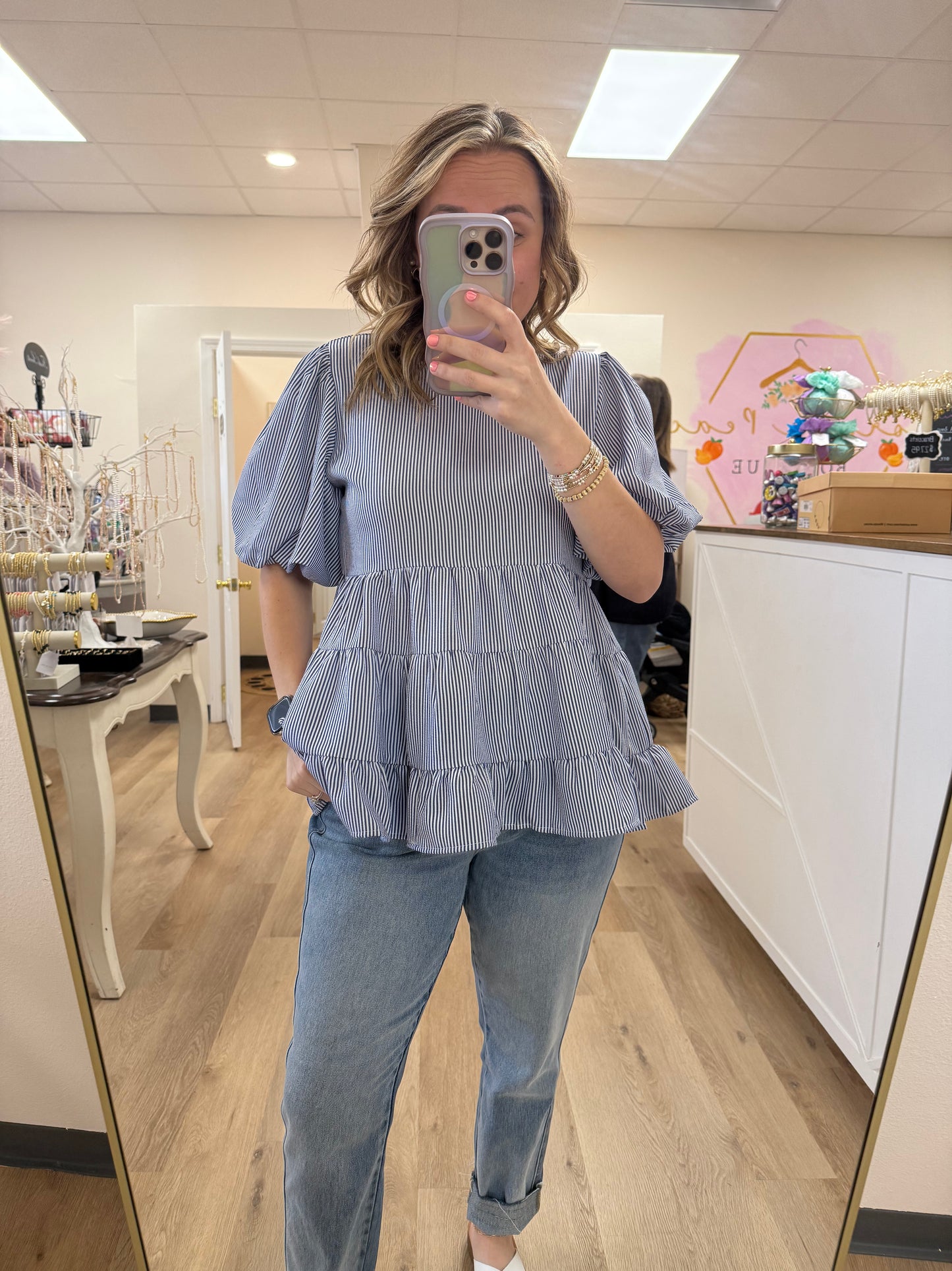 Jodifl Striped Babydoll Top with Puff Sleeves