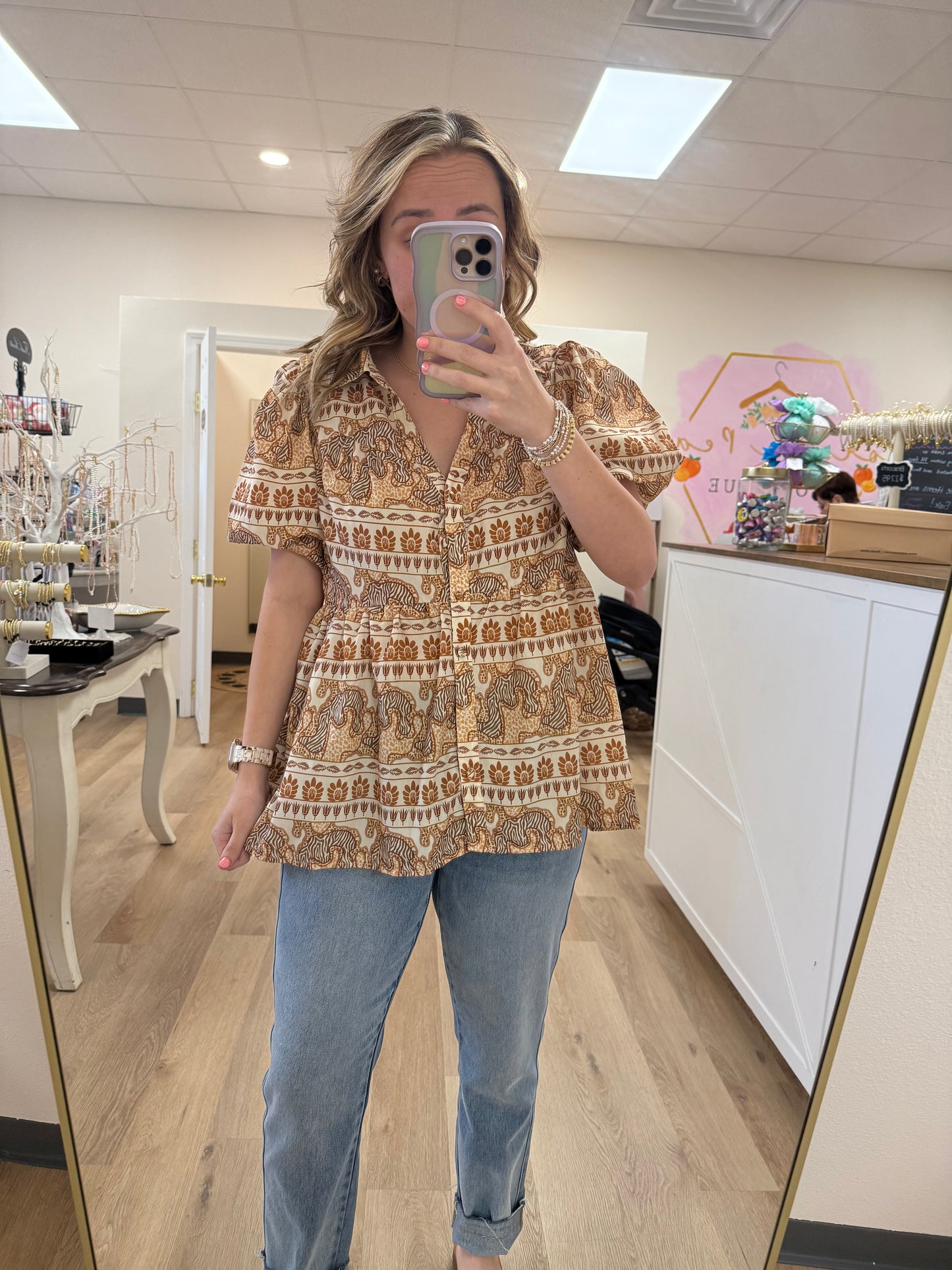 Umgee Mixed Print Tiered Button Down Shirt Top with Puff Sleeves