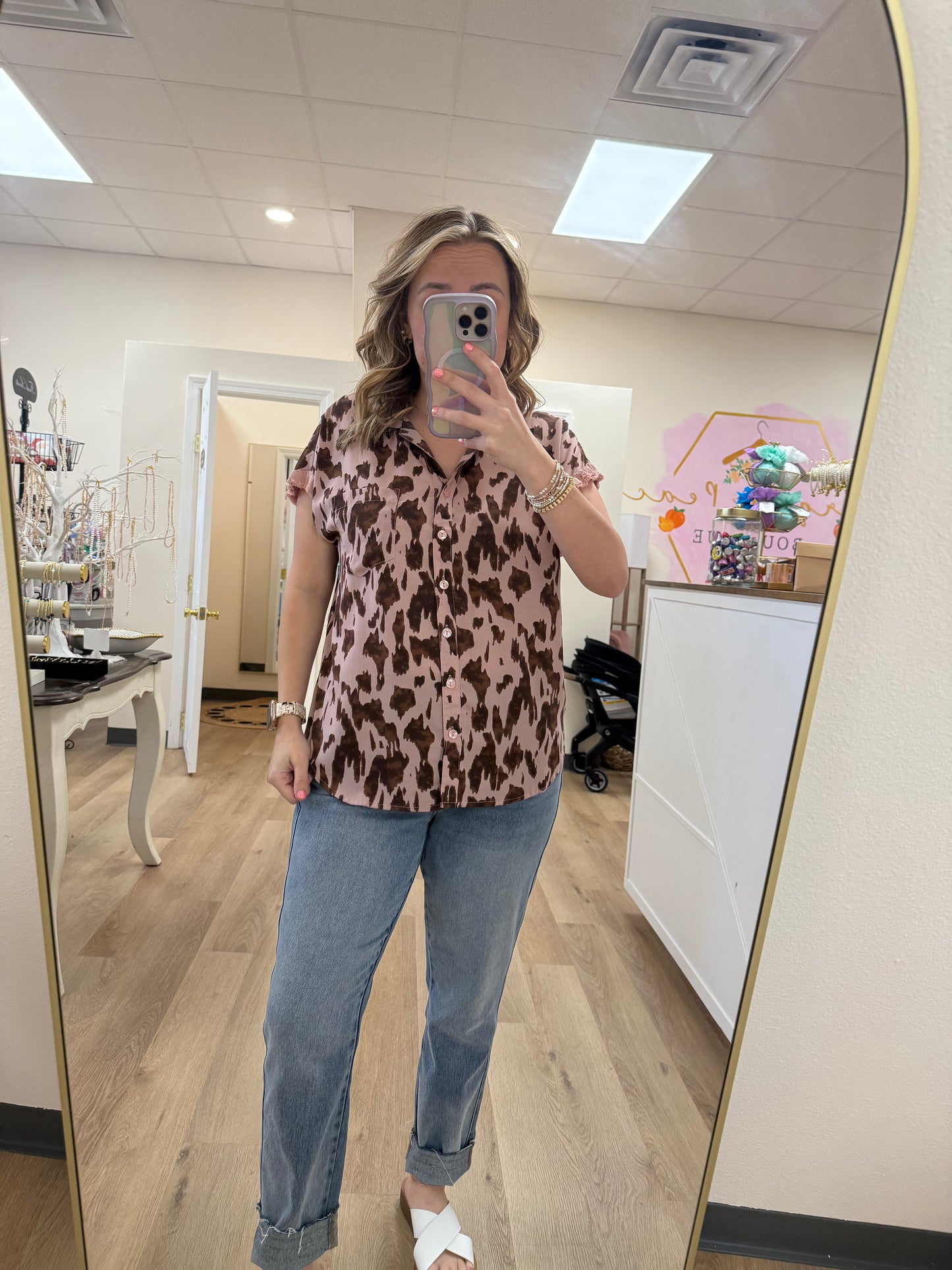 Umgee Animal Print Button Down Collared Shirt
