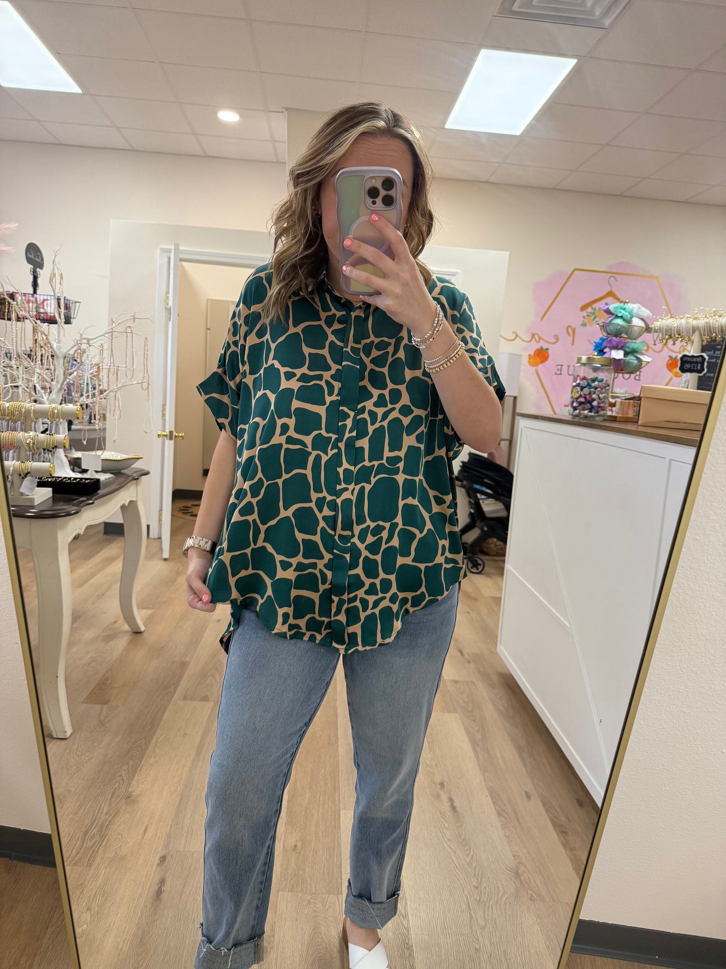 Umgee Animal Print Button Down Collared Shirt