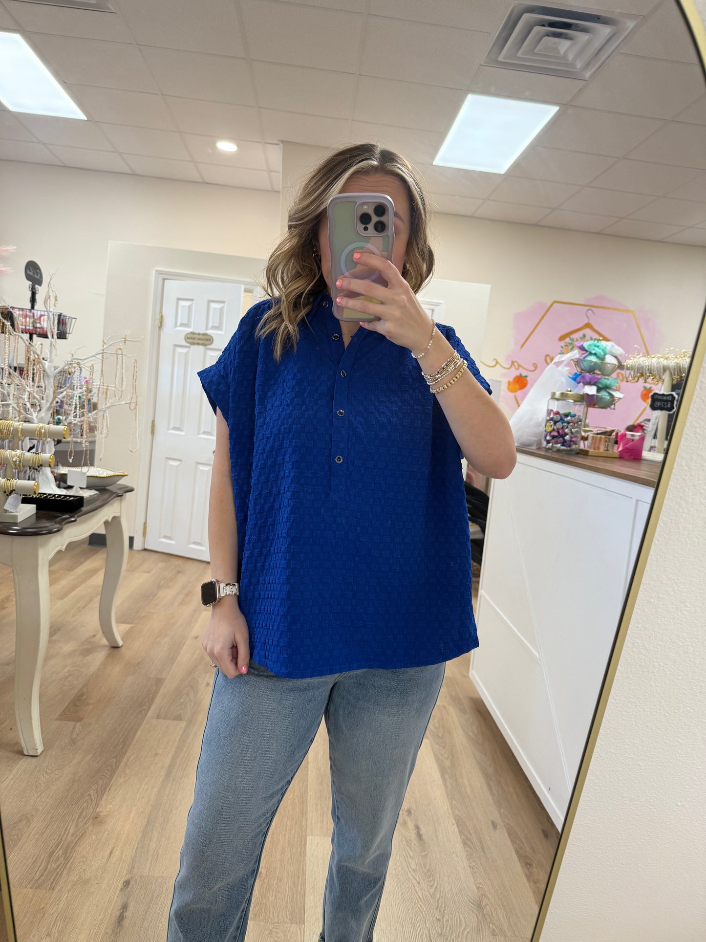 Umgee Textured Jacquard Half Button Down Boxy Cut Top