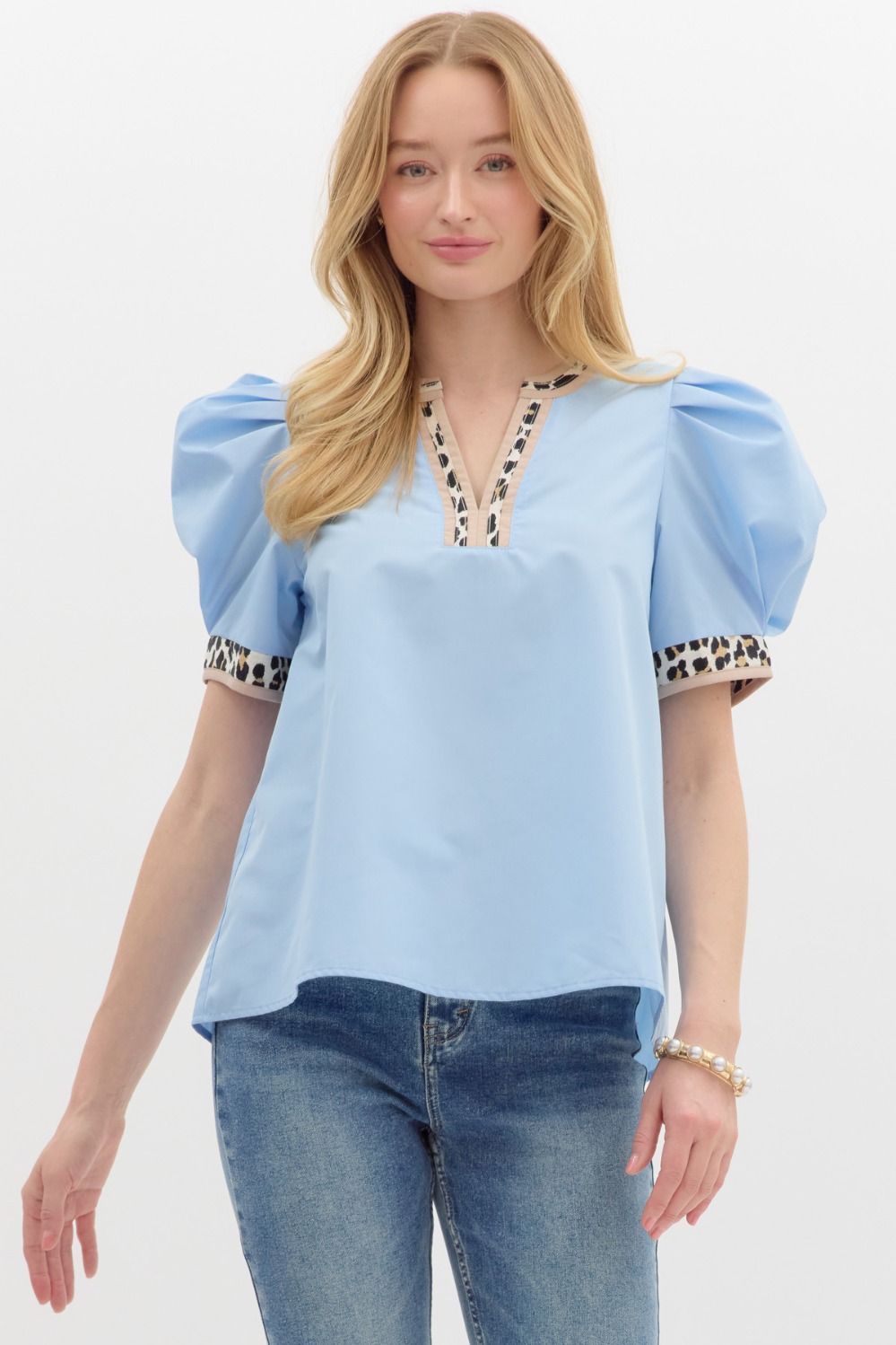 Entro Solid Puff Sleeve Chettah Top