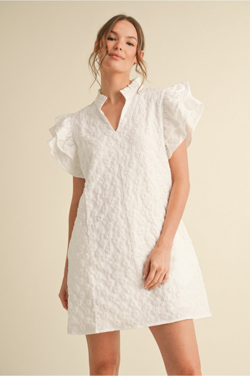 Jodifl Floral embroidered dress with split frilled neck