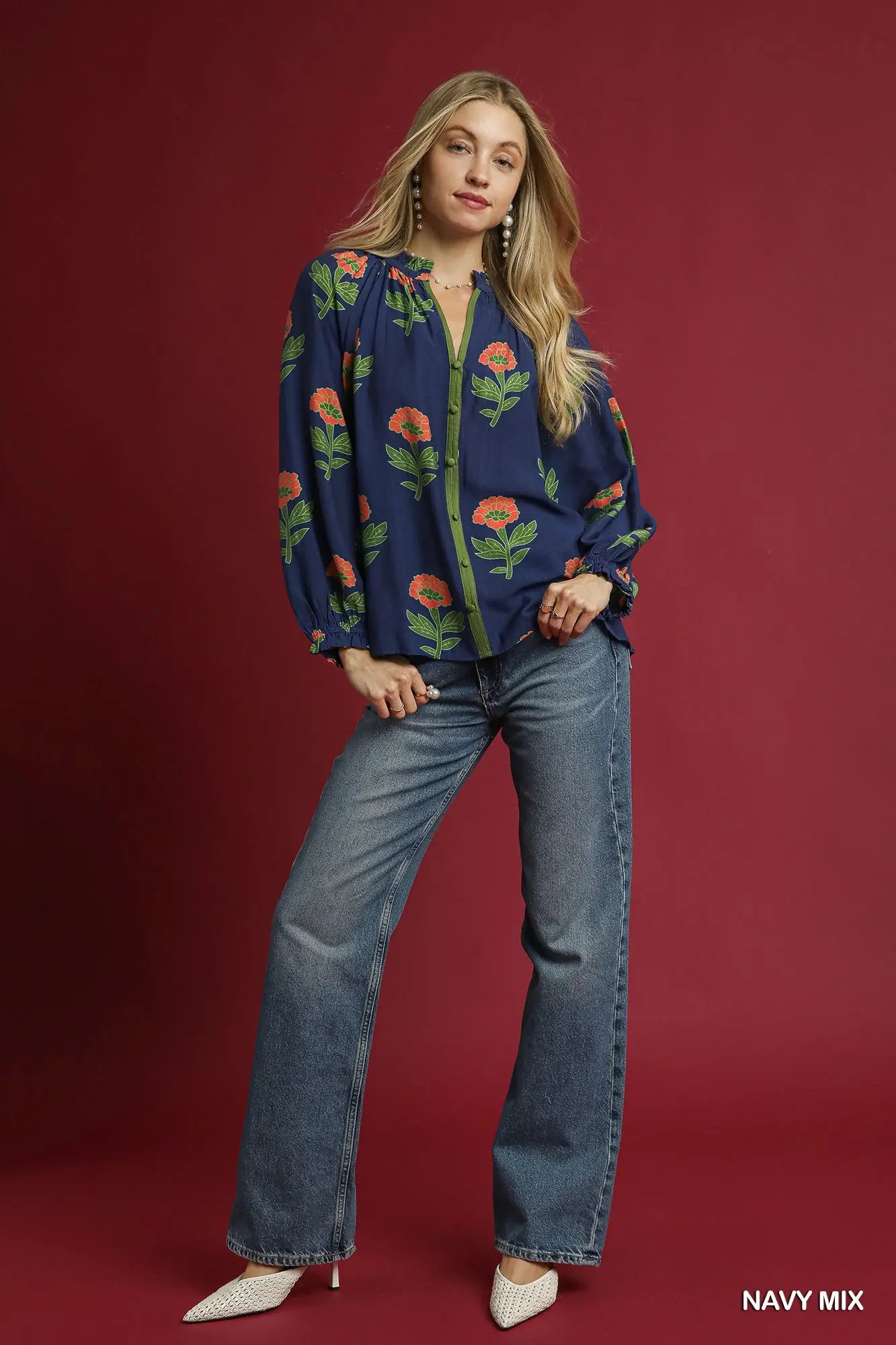 Umgee Floral Print Button Front Blouse