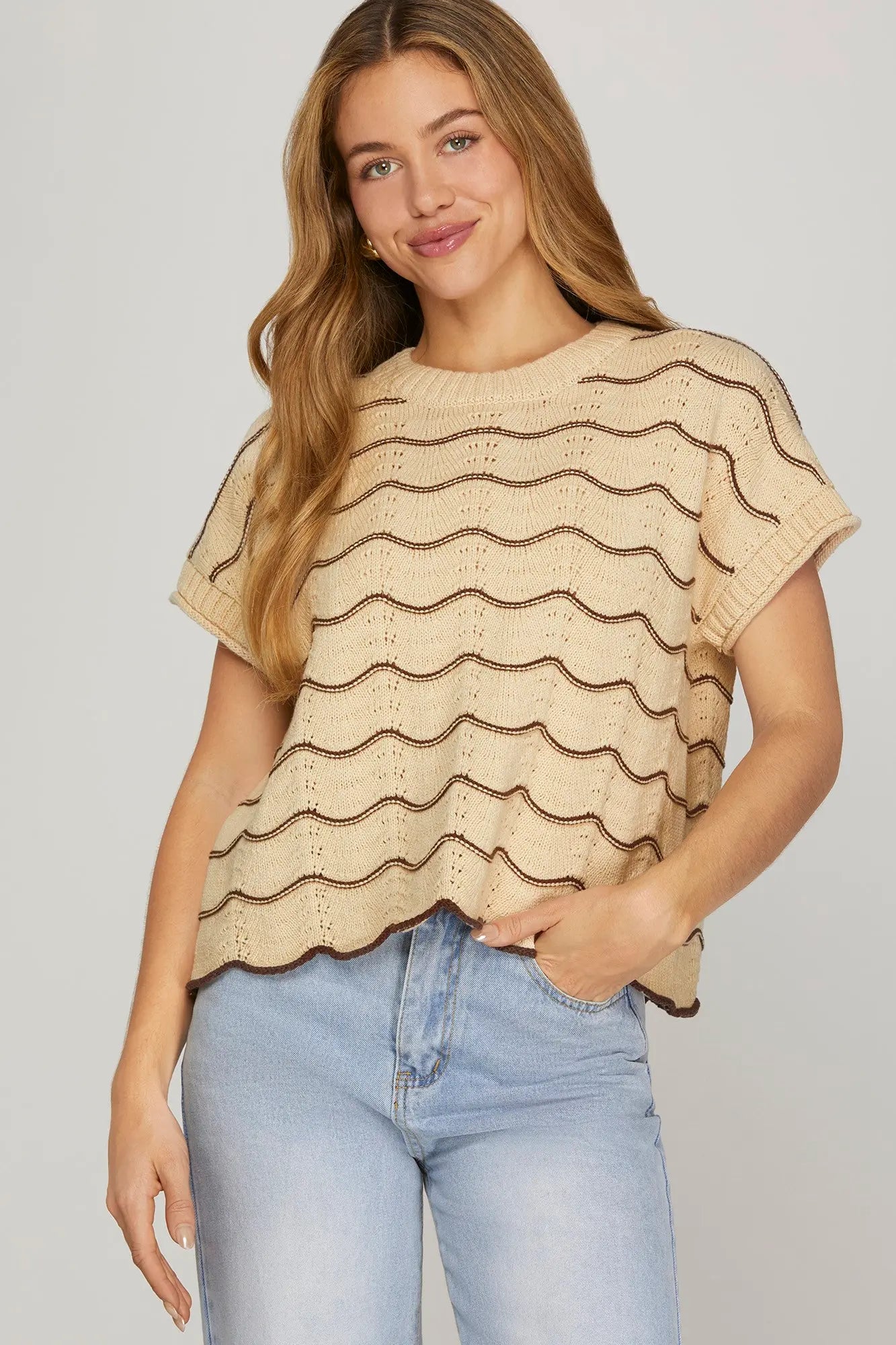 S+S DROP SHORT SLEEVE SCALLOP STRIPED PATTERN KNIT SWEATER TOP