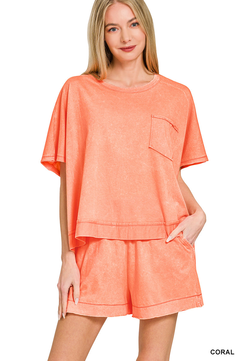 Zenana Acid Wash Oversized Top + Shorts Set