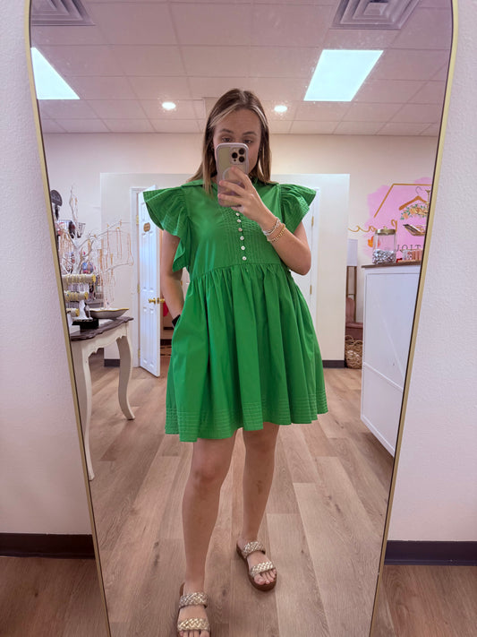 Entro Solid spread collar split flutter sleeve pullover mini dress featuring exposed stitch detail