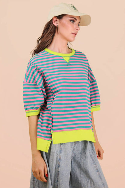 NT12481-Oversized Stripe Casual Knit Top: SEAFOAM/PINK / S-M-L/2-2-2