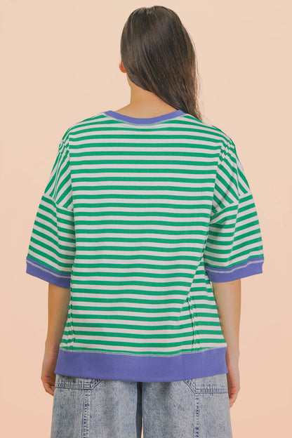 NT12481-Oversized Stripe Casual Knit Top: SEAFOAM/PINK / S-M-L/2-2-2