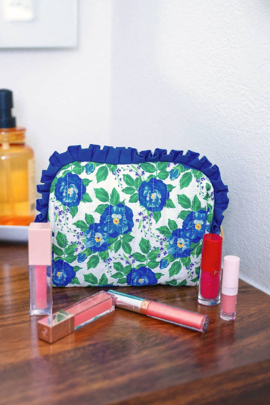 Caroline Floral Quilted Ruffle Bag: Blue