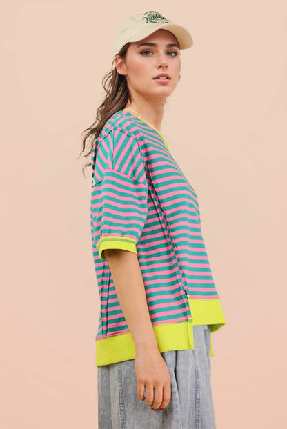 NT12481-Oversized Stripe Casual Knit Top: SEAFOAM/PINK / S-M-L/2-2-2
