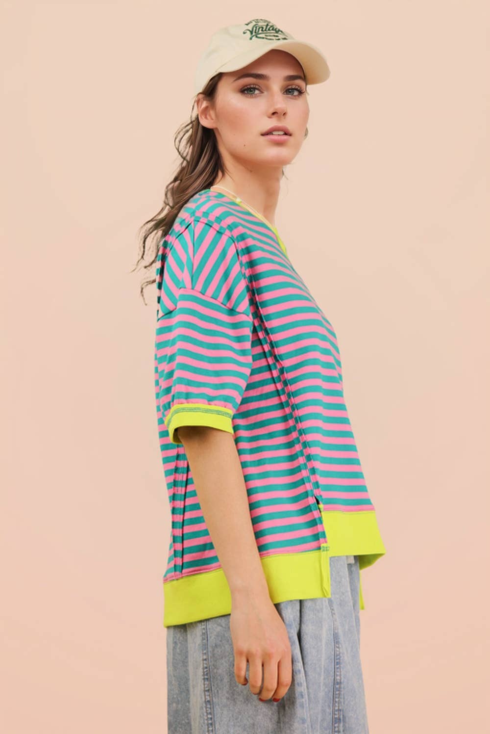 NT12481-Oversized Stripe Casual Knit Top: BLUE/CREAM / S-M-L/2-2-2