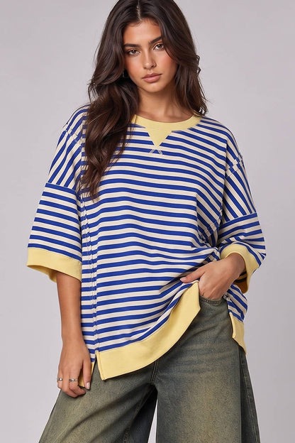 NT12481-Oversized Stripe Casual Knit Top: SEAFOAM/PINK / S-M-L/2-2-2