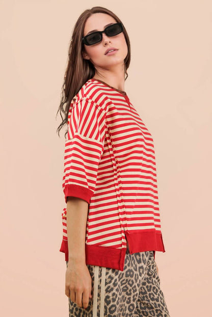 NT12481-Oversized Stripe Casual Knit Top: SEAFOAM/PINK / S-M-L/2-2-2
