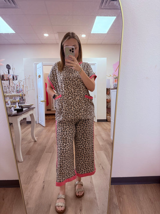 Haptics Leopard Print Terry Color Block Pants Set