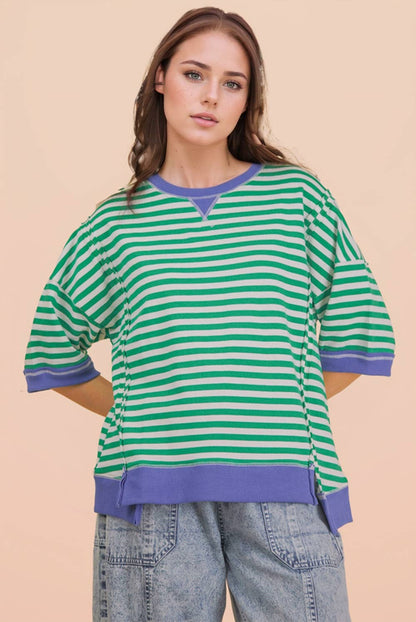 NT12481-Oversized Stripe Casual Knit Top: SEAFOAM/PINK / S-M-L/2-2-2