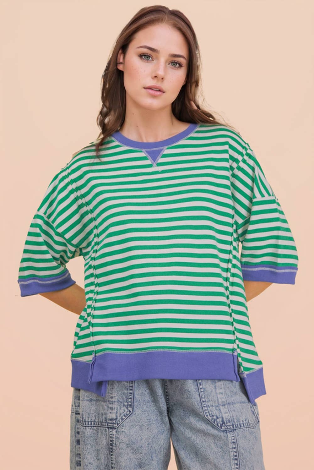 NT12481-Oversized Stripe Casual Knit Top: BLUE/CREAM / S-M-L/2-2-2