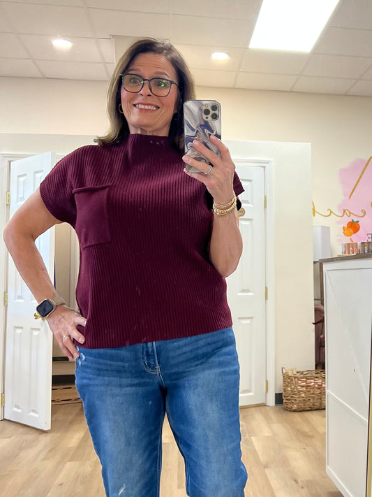 LDC Patch Pocket Ribbed Knit Sweater Short Sleeve Sweater