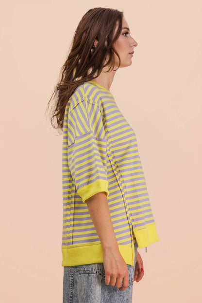 NT12481-Oversized Stripe Casual Knit Top: BLUE/CREAM / S-M-L/2-2-2