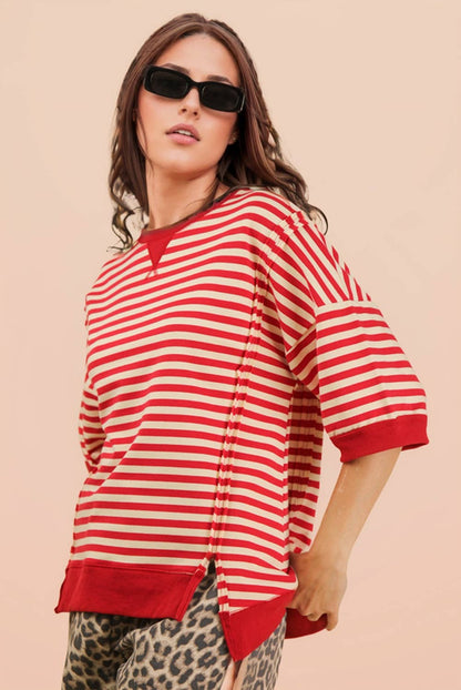 NT12481-Oversized Stripe Casual Knit Top: BLUE/CREAM / S-M-L/2-2-2