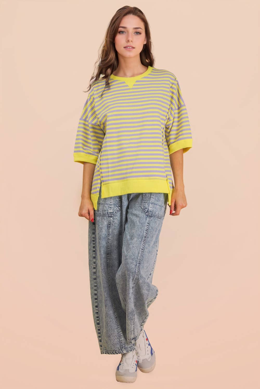 NT12481-Oversized Stripe Casual Knit Top: SEAFOAM/PINK / S-M-L/2-2-2
