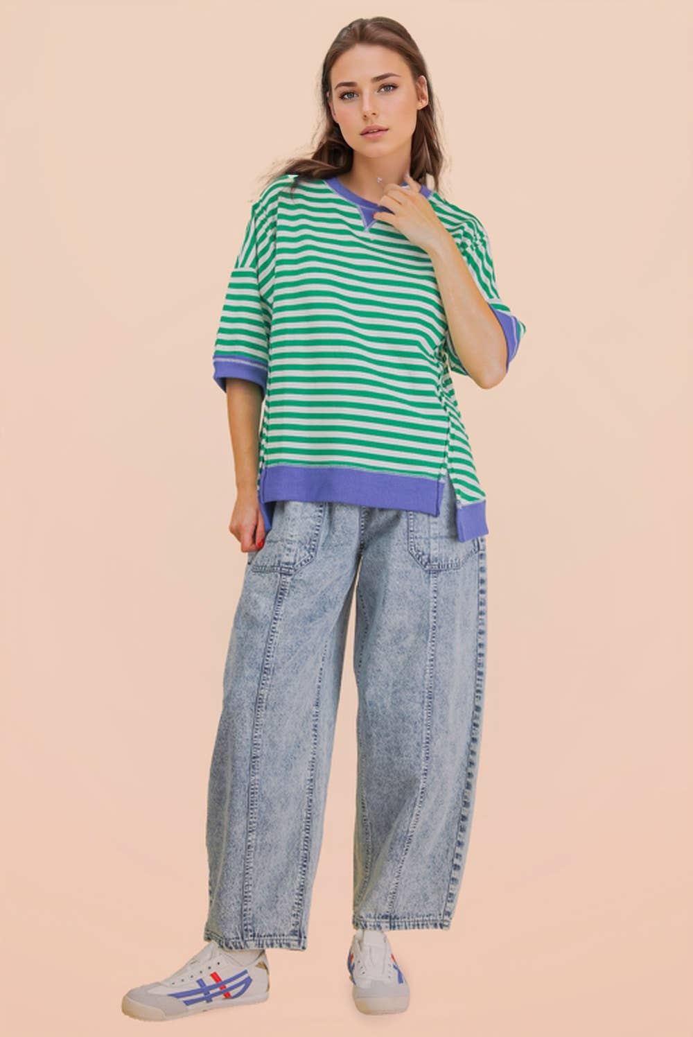 NT12481-Oversized Stripe Casual Knit Top: SEAFOAM/PINK / S-M-L/2-2-2