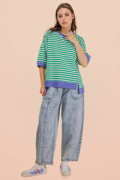 NT12481-Oversized Stripe Casual Knit Top: BLUE/CREAM / S-M-L/2-2-2