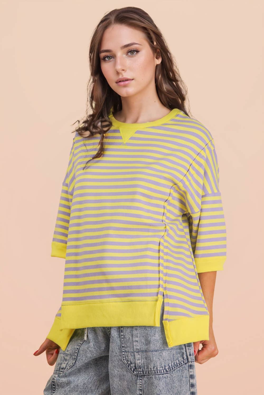 NT12481-Oversized Stripe Casual Knit Top: SEAFOAM/PINK / S-M-L/2-2-2