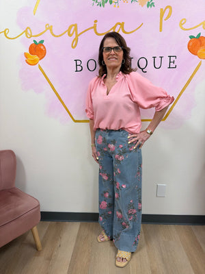 Umgee Seersucker Ruffle Collar Puff Sleeve Top