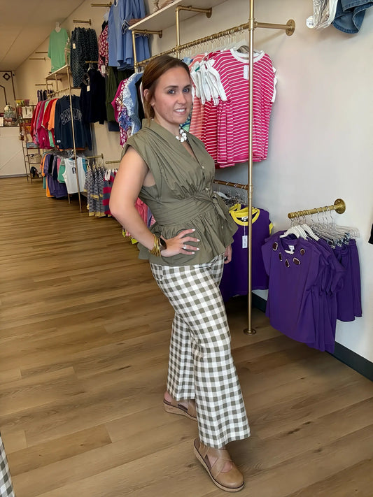 Entro Gingham wide leg pants- Army Green