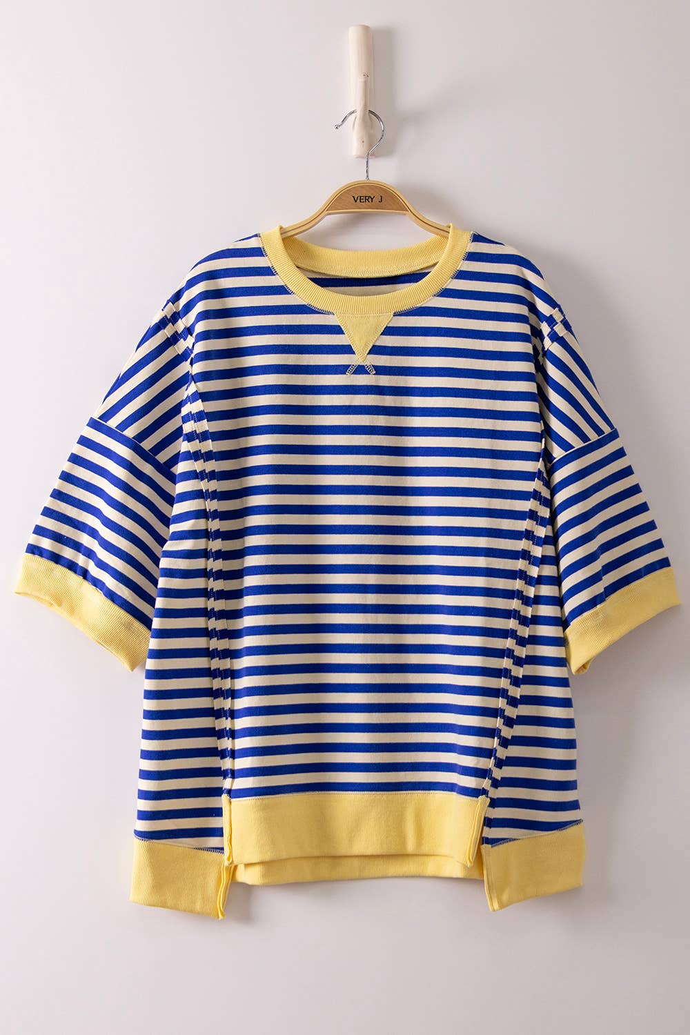 NT12481-Oversized Stripe Casual Knit Top: BLUE/CREAM / S-M-L/2-2-2