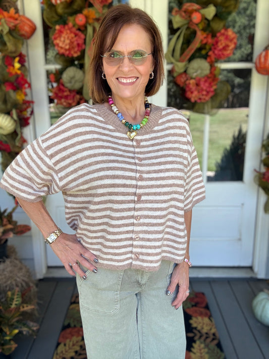 The Everyday Striped Cardigan-Camel