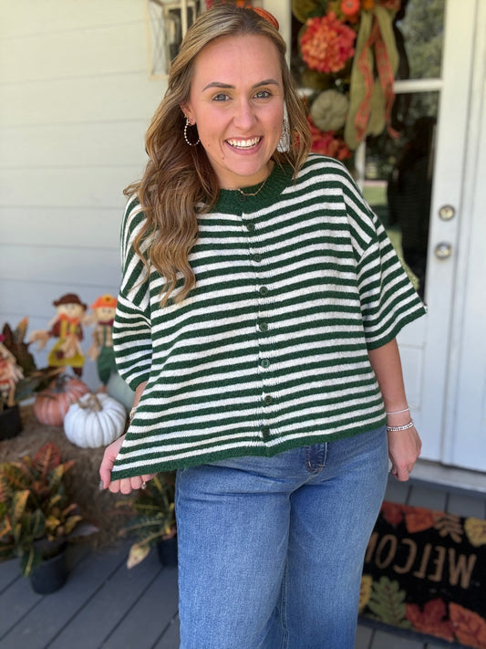 The Everyday Striped Cardigan- Hunter Green
