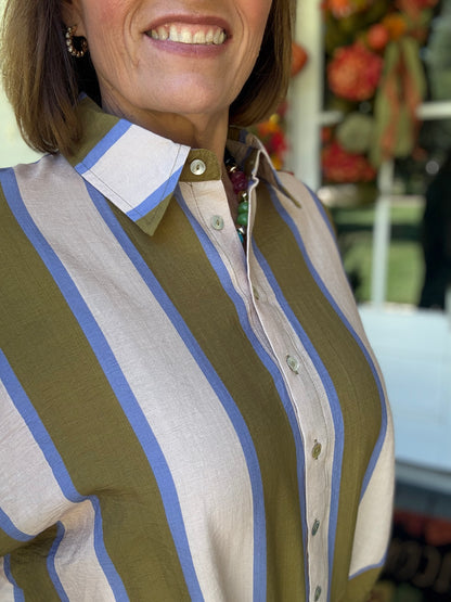 Meet Me Downtown Button Down Top- Olive Blue