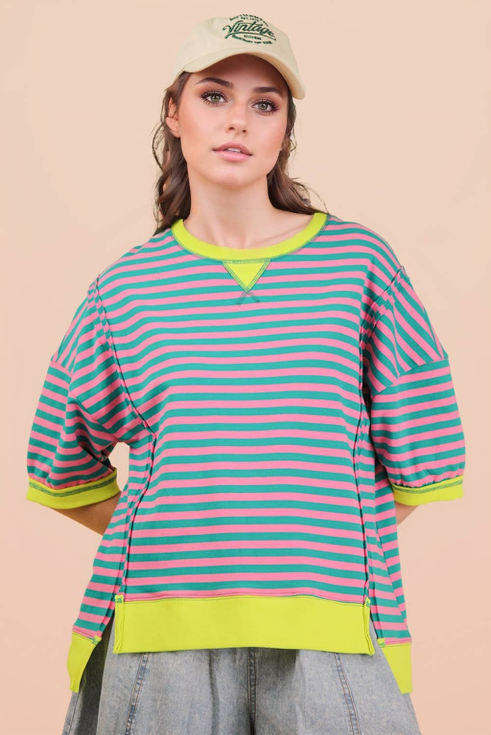 NT12481-Oversized Stripe Casual Knit Top: SEAFOAM/PINK / S-M-L/2-2-2