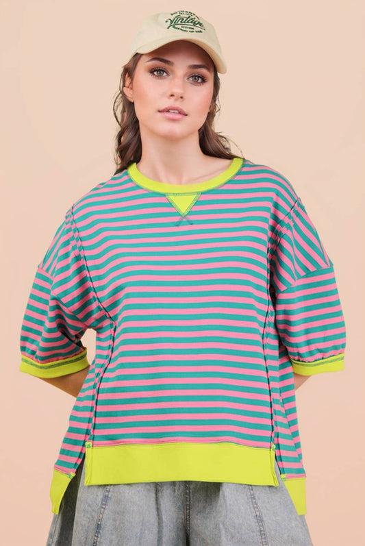 Very J Oversized Stripe Casual Knit Top: SEAFOAM/PINK